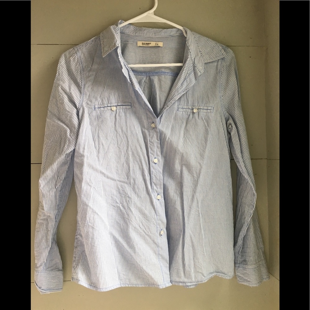Blue and white striped button up shirt